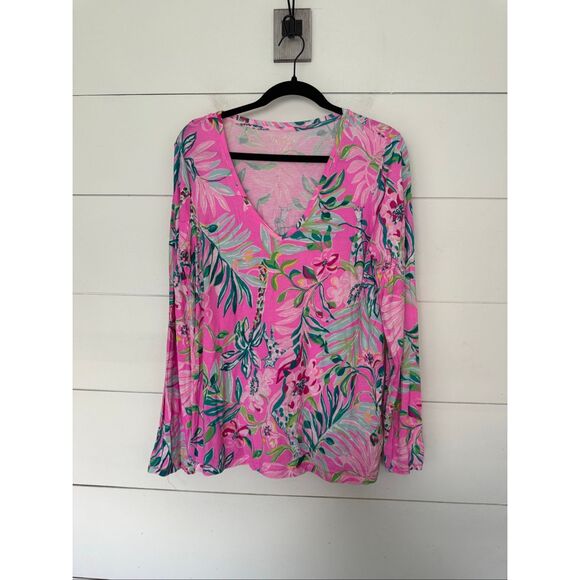 Lilly Pulitzer Women’s Large Pink Patterned Long Sleeve Vneck - Picture 1 of 6